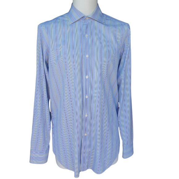 ETRO Milano SZ 39 Blue, Green & White Stripe Men's Cotton Button Up Shirt - Picture 1 of 12